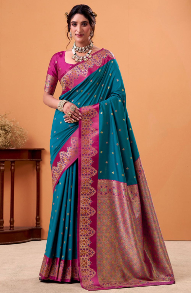 Peacock Blue Woven Satin Silk Saree