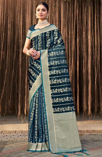 Peacock Blue Woven Satin Silk Saree