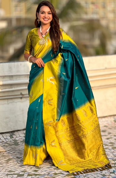 Peacock Blue Woven Soft Silk Saree