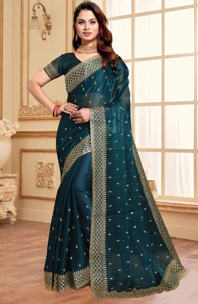 Peacock Blue Zari Embroidered Burberry Silk Saree