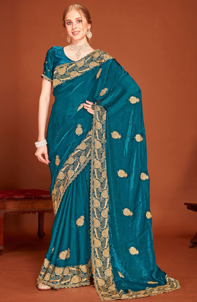 Peacock Blue Zari Embroidered Fendi Silk Saree