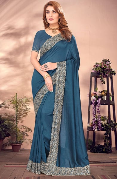 Peacock Blue Zari Embroidered Silk Georgette Saree