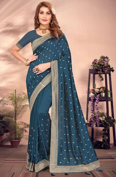 Peacock Blue Zari Embroidered Silk Saree