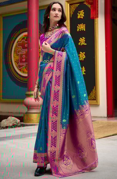 Peacock Blue Zari Weaving Banarasi Silk Saree