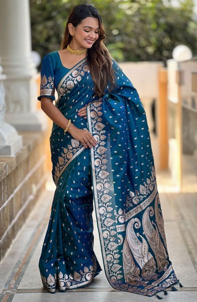 Peacock Blue Zari Woven Banarasi Silk Saree
