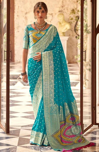 Peacock Blue Zari Woven Soft Silk Saree
