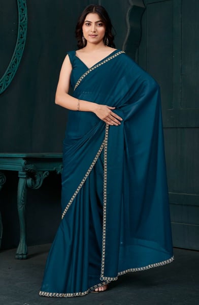 Peacock Blue Zarkan Embellished Crepe Silk Saree