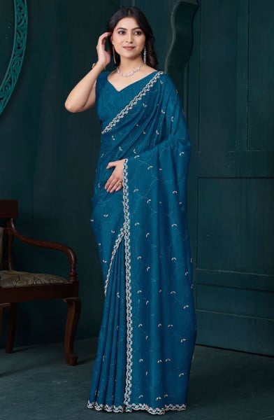 Peacock Blue Zarkan Embellished Crepe Silk Saree