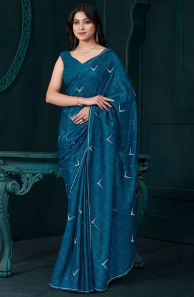 Peacock Blue Zarkan Embellished Crepe Silk Saree