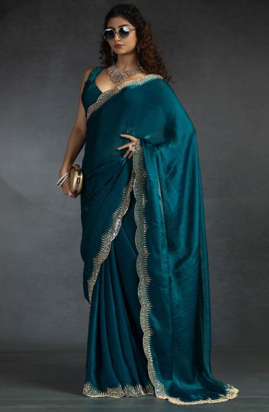 Peacock Blue Zarkan Embellished Satin Silk Saree