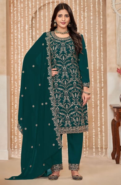 Peacock Green Embroidered Faux Georgette Pant Kameez