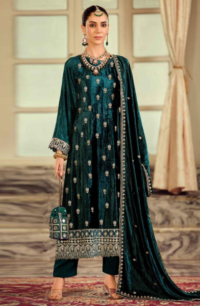 Peacock Green Velvet Pant Kameez with Zardosi Work
