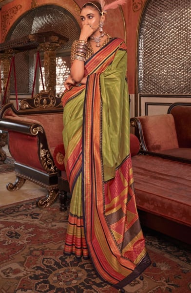 Pear Green Embellished Silk Saree for Festival