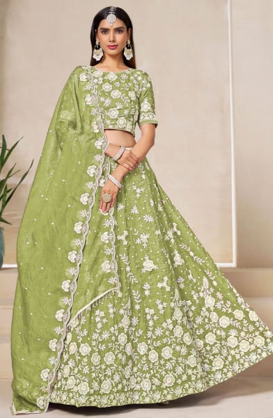 Pear Green Embroidered Crush Organza Lehenga Choli
