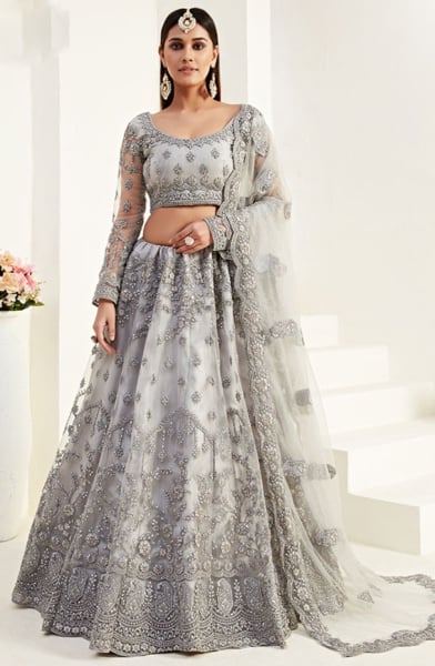 Pearl Grey Embroidered Net Bridal Lehenga Choli for Wedding