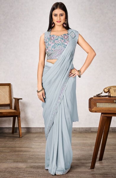 Pearl Grey Embroidered Shimmer Georgette Ready to Wear Saree