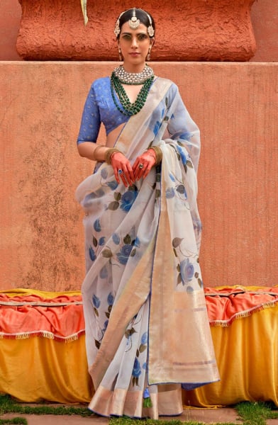 Pearl White Embellished Floral Print Organza Silk Saree