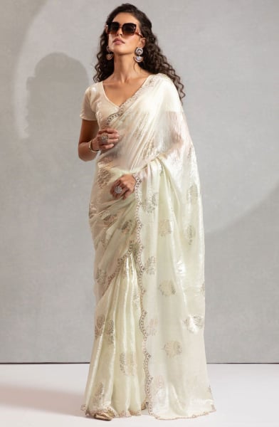 Pearl White Embellished Satin Silk Saree