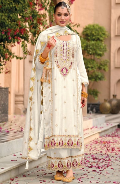 Pearl White Embroidered Chinnon Palazzo Kameez