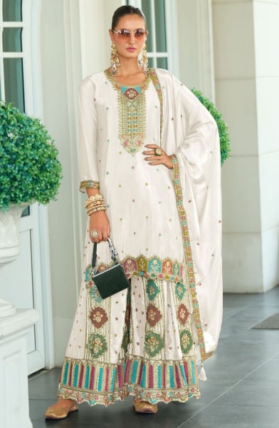 Pearl White Embroidered Chinnon Silk Palazzo Kameez