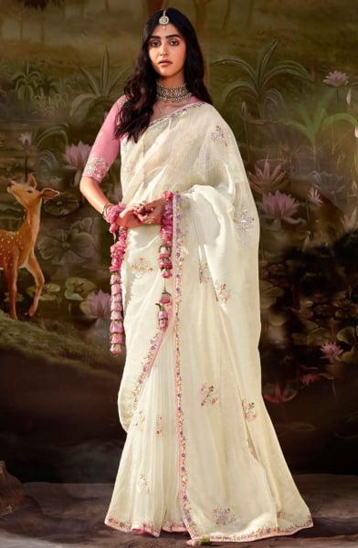 Pearl White Embroidered Designer Saree for Wedding