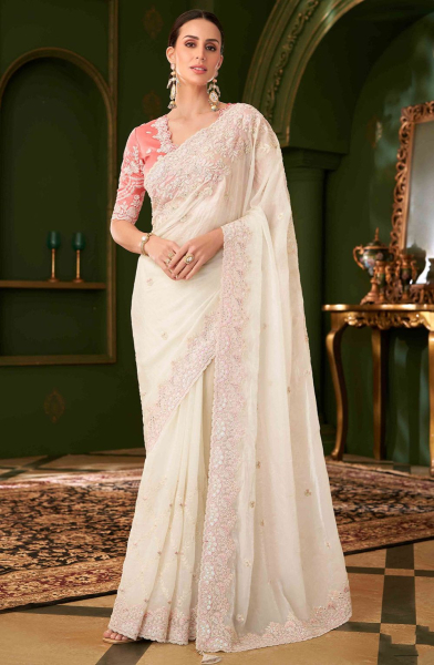Pearl White Embroidered Georgette Silk Saree