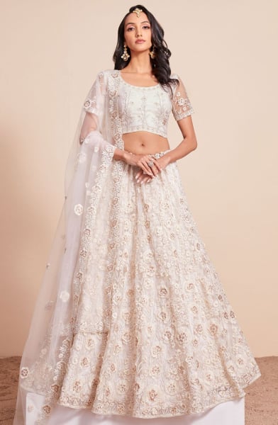 Pearl White Embroidered Net Designer Lehenga Choli