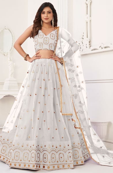 Pearl White Embroidered Net Lehenga Choli