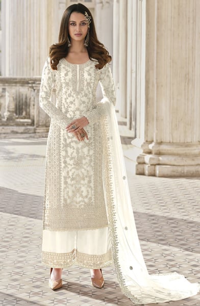 Pearl White Embroidered Net Palazzo Kameez