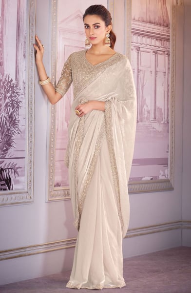 Pearl White Embroidered Satin Organza Designer Saree