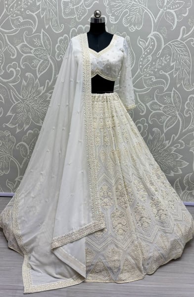 Pearl White Handwork Embroidered Georgette Lehenga Choli