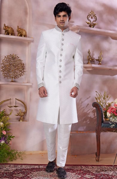 Pearl White Jacquard Banarasi Silk Designer Sherwani