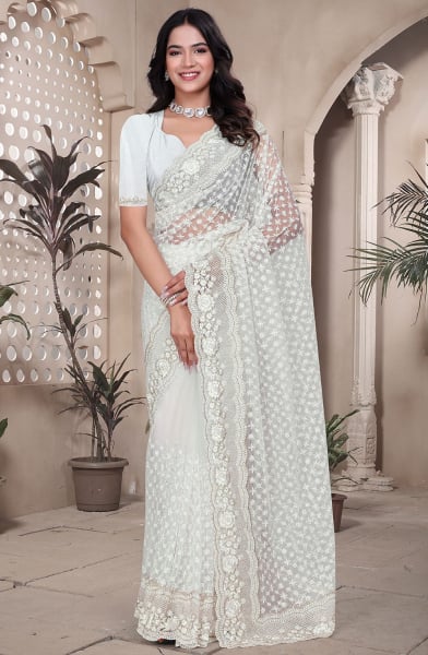 Pearl White Resham Embroidered Net Saree