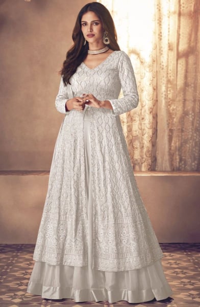 Pearl White Sequined Georgette Lehenga Kameez