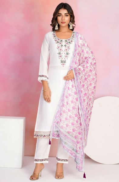 Pearl White Viscose Chanderi Readymade Pant Kameez