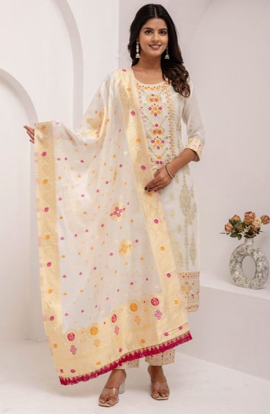 Pearl White Woven Jacquard Silk Readymade Suit