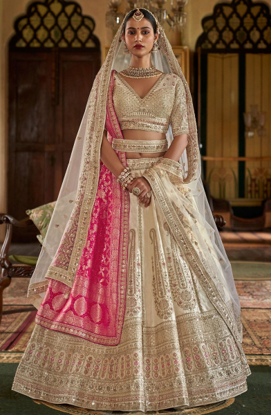 Sabyasachi Inspired Pearl White Embroidered Silk Bridal Lehenga Choli