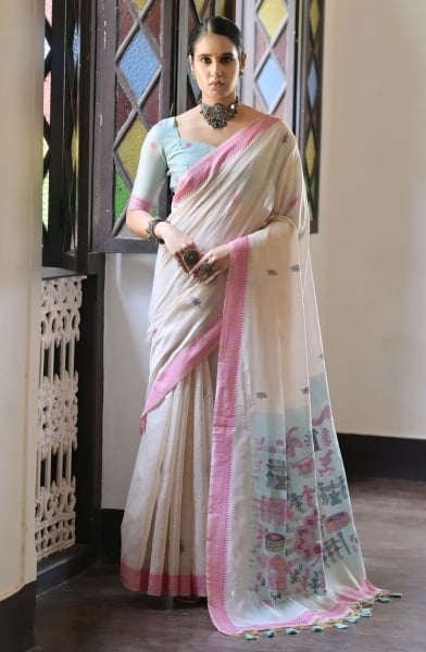 Ivory Cotton Ikkat Woven Saree