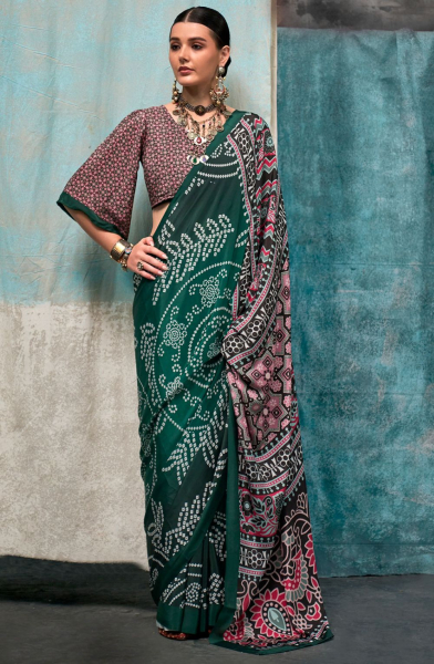 Pine Green and Black Digital Print Silk Crepe Saree