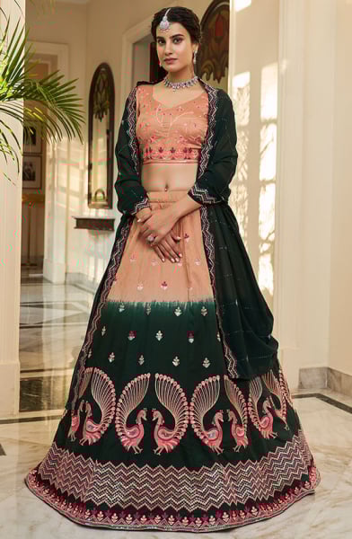 Pine Green and Salmon Orange Embroidered Art Silk Lehenga Choli