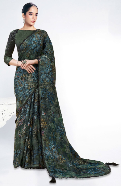 Pine Green Brasso Saree for Ceremonial