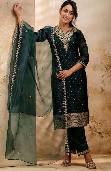 Pine Green Chanderi Silk Readymade Pant Kameez