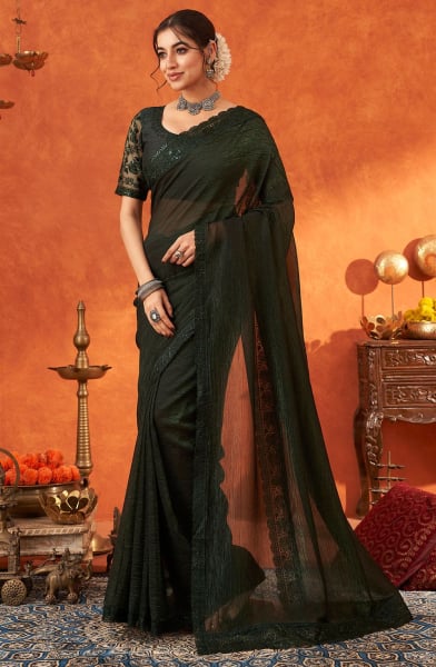 Pine Green Chiffon Silk Saree with Embroidered Blouse