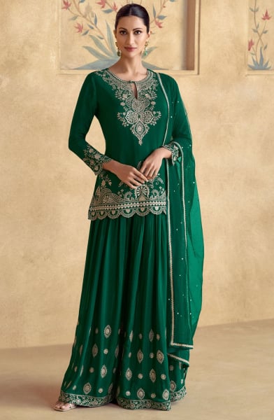 Pine Green Chinnon Silk Designer Palazzo Kameez