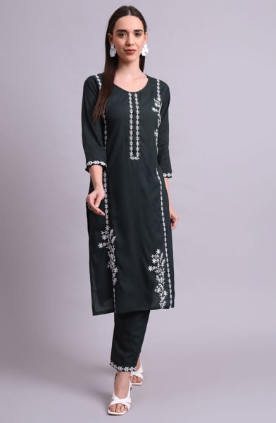 Pine Green Cotton Embroidered Kurta with Bottom