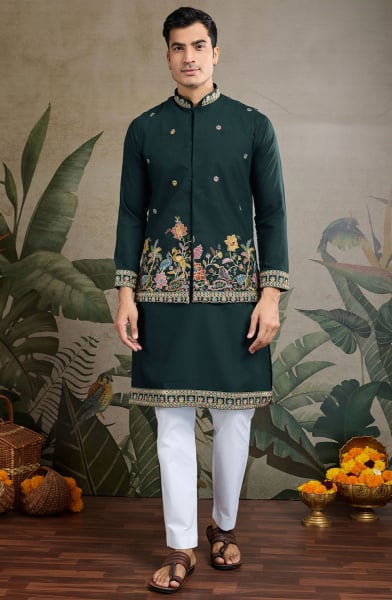 Pine Green Cotton Kurta Set with Embroidered Jacket