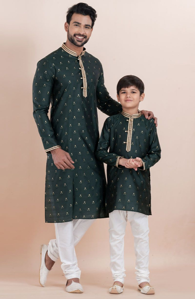 Pine Green Cotton Silk Jacquard Kurta Set Combo