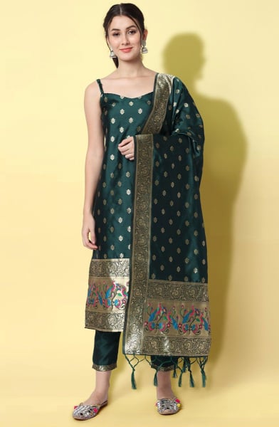 Pine Green Cotton Silk Jacquard Readymade Suit