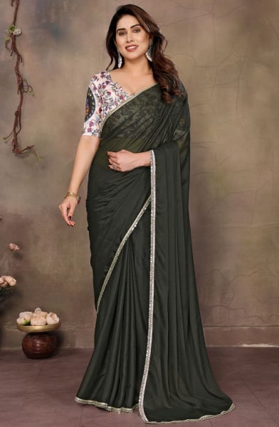 Pine Green Embellished Georgette Saree