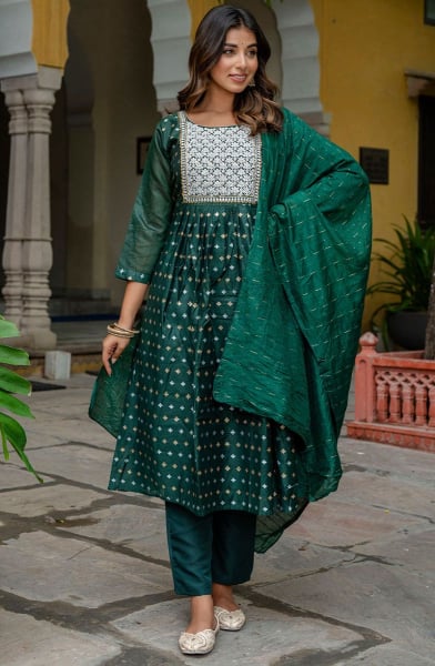 Pine Green Embroidered Chanderi Readymade Suit